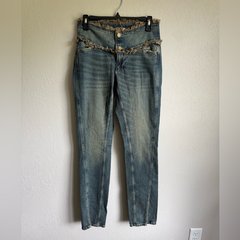 BDG Urban Outfitters Mid Wash Low Rise Fringe Skinny Jeans Womens 27 Y2K